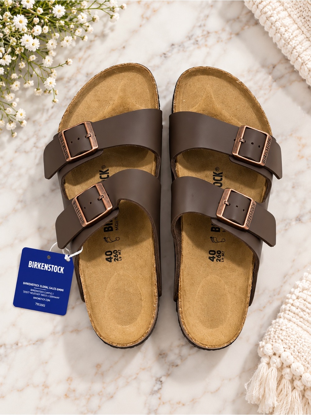 NEW Birkenstock Arizona Two-Strap Sandals in Brown sz 40, 7 men’s, 9, women’s